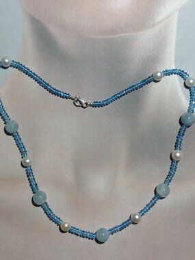 Faceted Blue Quartz with Blue Calcite Quartz and Freshwater Pearl Necklace
